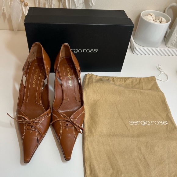 Sergio Rossi Tan Leather Pointed Toe High Wooden Stiletto Heels - Picture 15 of 15